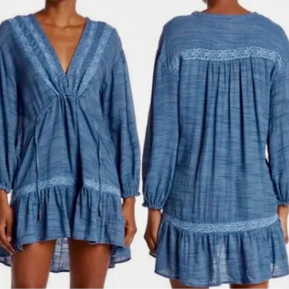 Free People Sky Wash Blue Swing Dress Lace Hippie Boho XS Bubble Sleeve